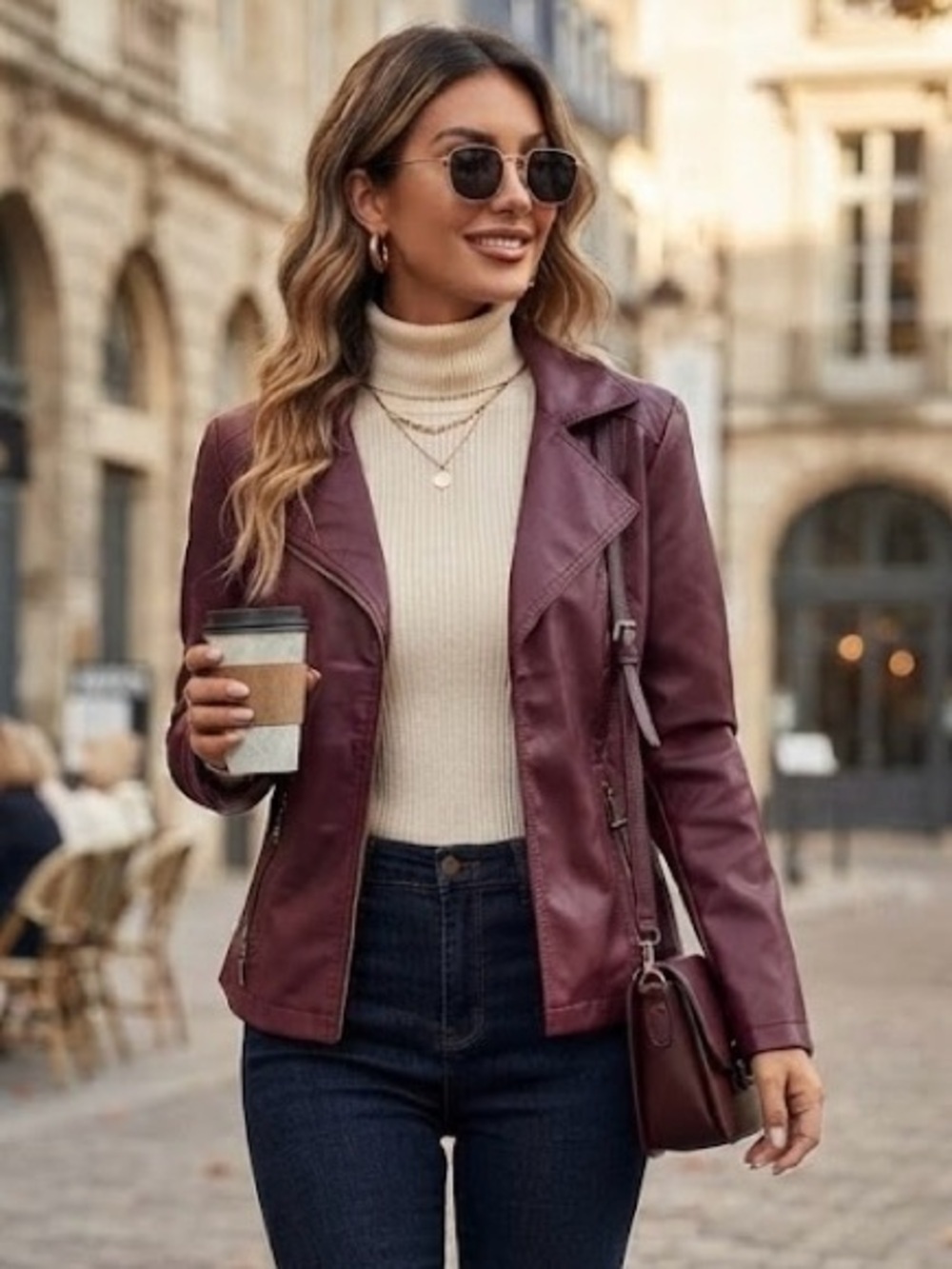 Northern Reflections Burgundy Faux Leather Jacket Moto Tailored Edgy Chic Small